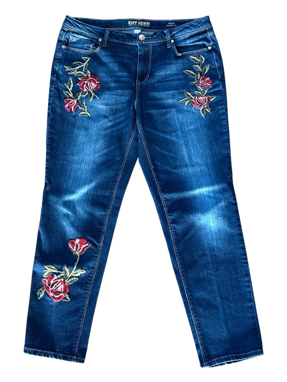 Ruff Hewn Taylor Easy Slim Straight Leg Jeans with Red Rose Embroidery